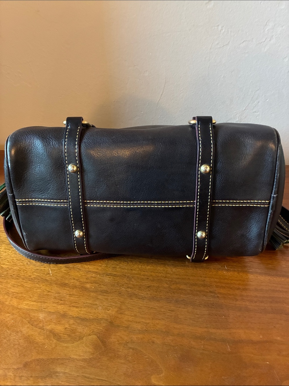 Dooney & Bourke Dark Brown Leather crossbody Satchel with Maroon Accent - Picture 5 of 7